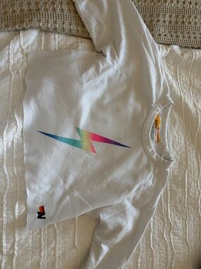 Aviator Nation White Crop Sweatshirt with Rainbow Lightning Graphic